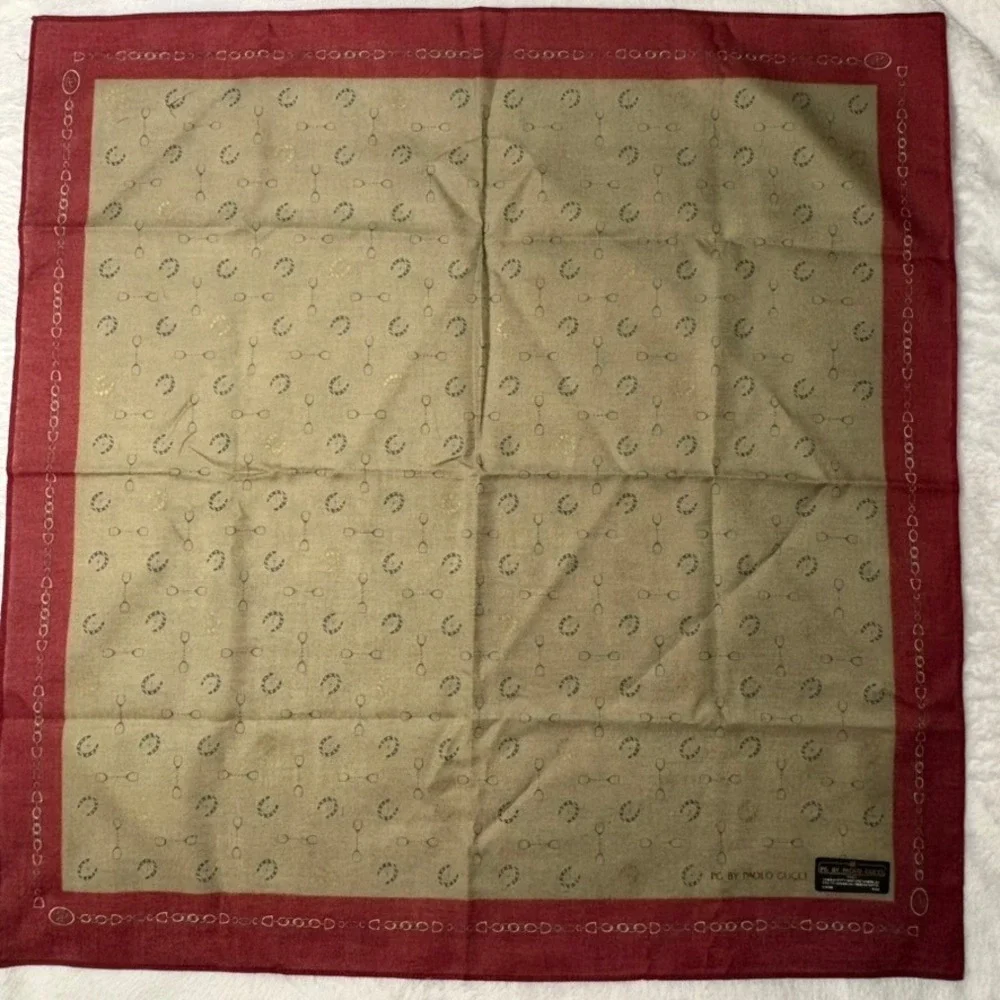 Vtg PAOLO GUCCI Scarf Handkerchief Equestrian Cotton Tan Burgundy 18